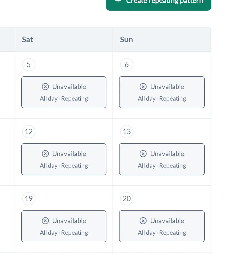 Availability calendar columns for Friday to Sunday, with Saturdays and Sundays marked unavailable, all day, repeating