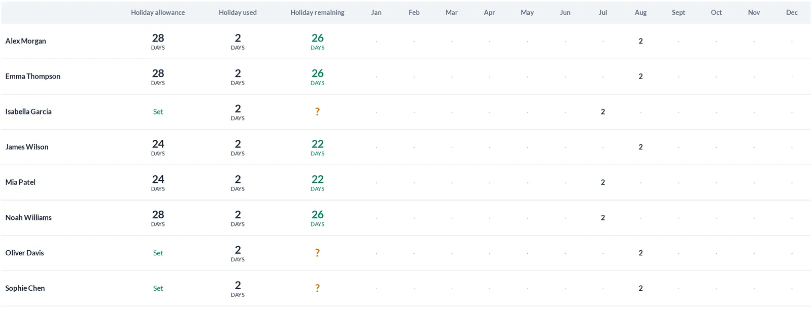 Leave ledger with holiday allowance, used and remaining days per employee and a column per month