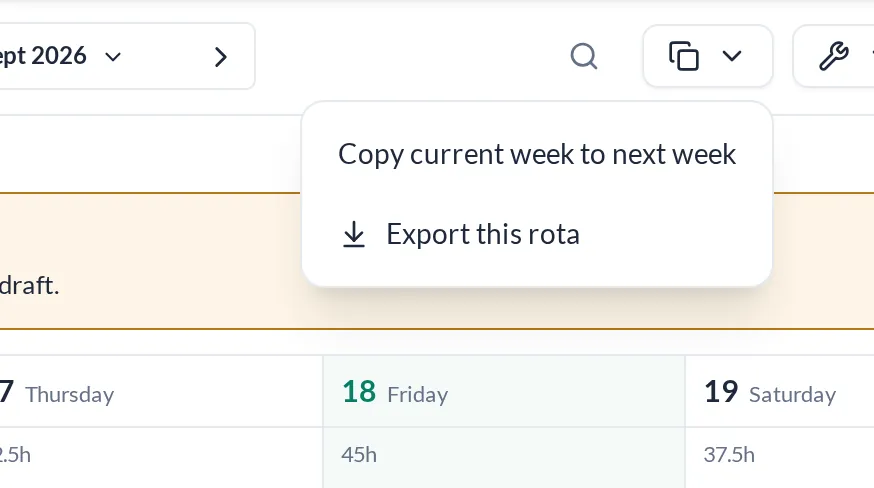 Rota toolbar menu with the options Copy current week to next week and Export this rota