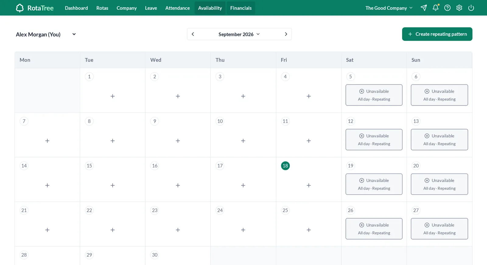 RotaTree monthly availability calendar for one employee, with weekends marked unavailable